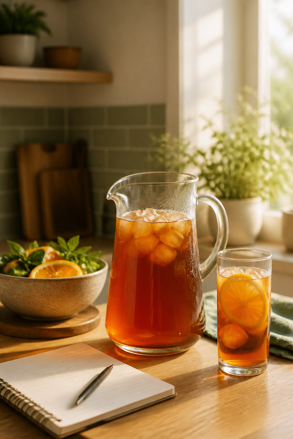 A glass pitcher and tumbler of amber iced rooibos on a warm kitchen counter beside a meal-planning notebook