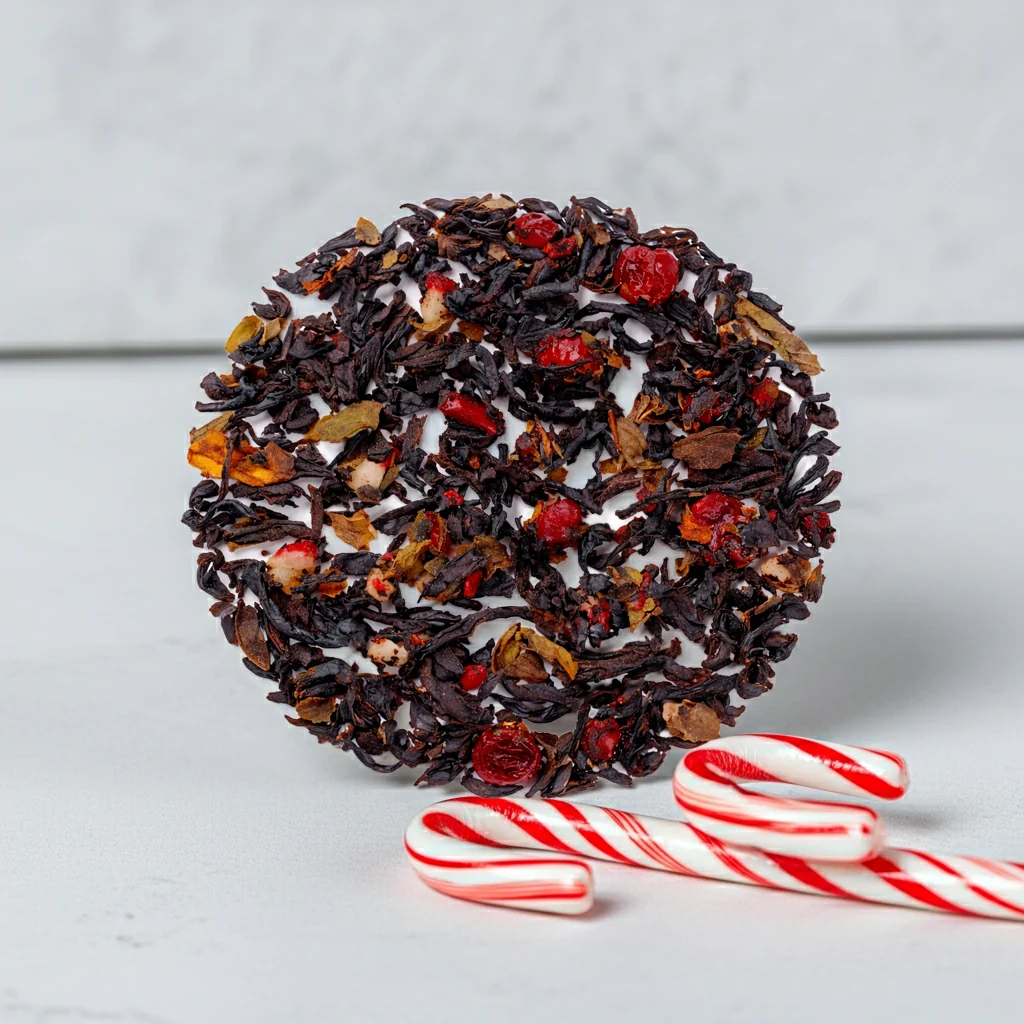Black tea with chunks of candy cane