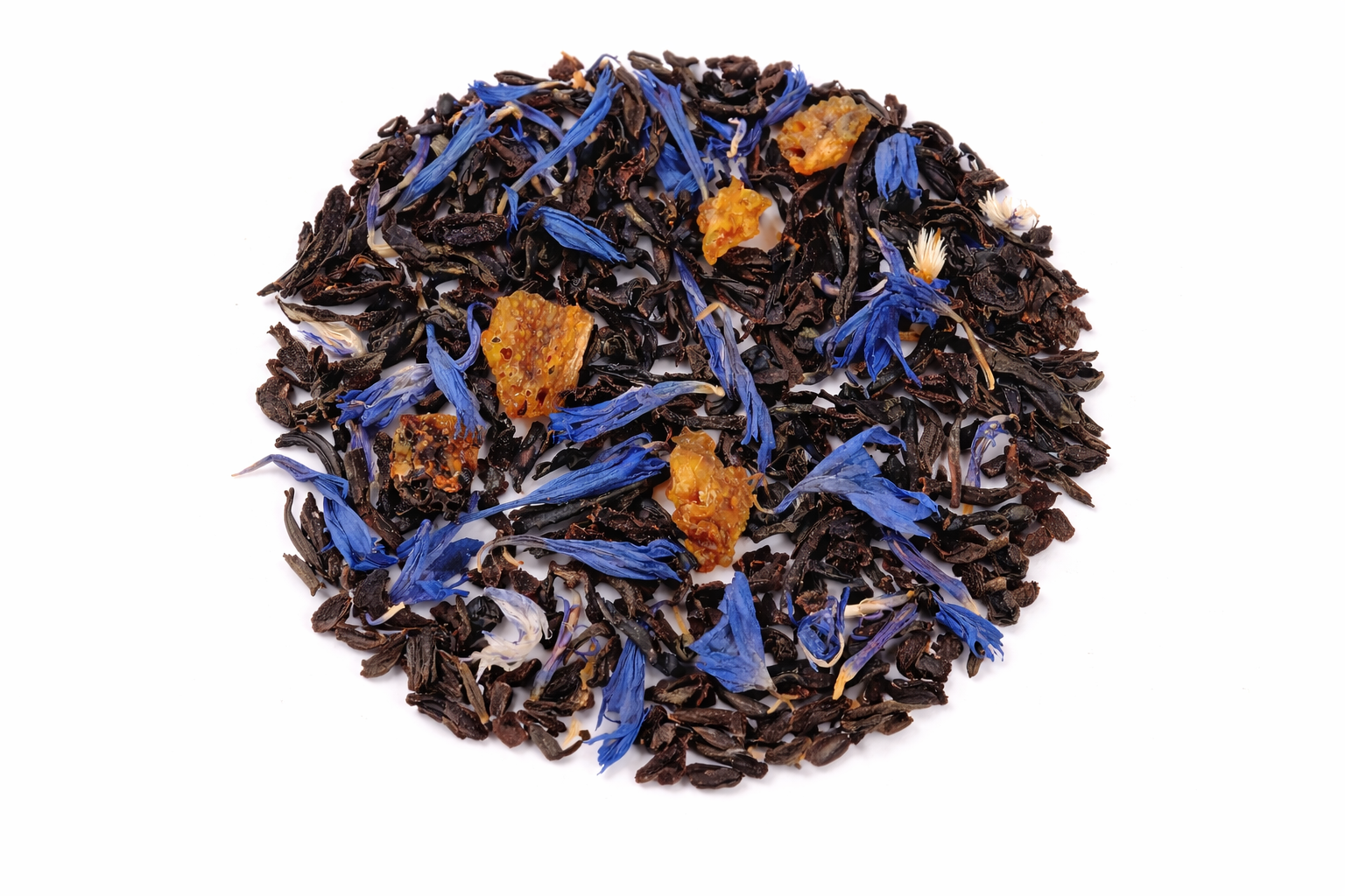 Loose tea with black tea leaves, orange pieces, and blue flowers on a white background