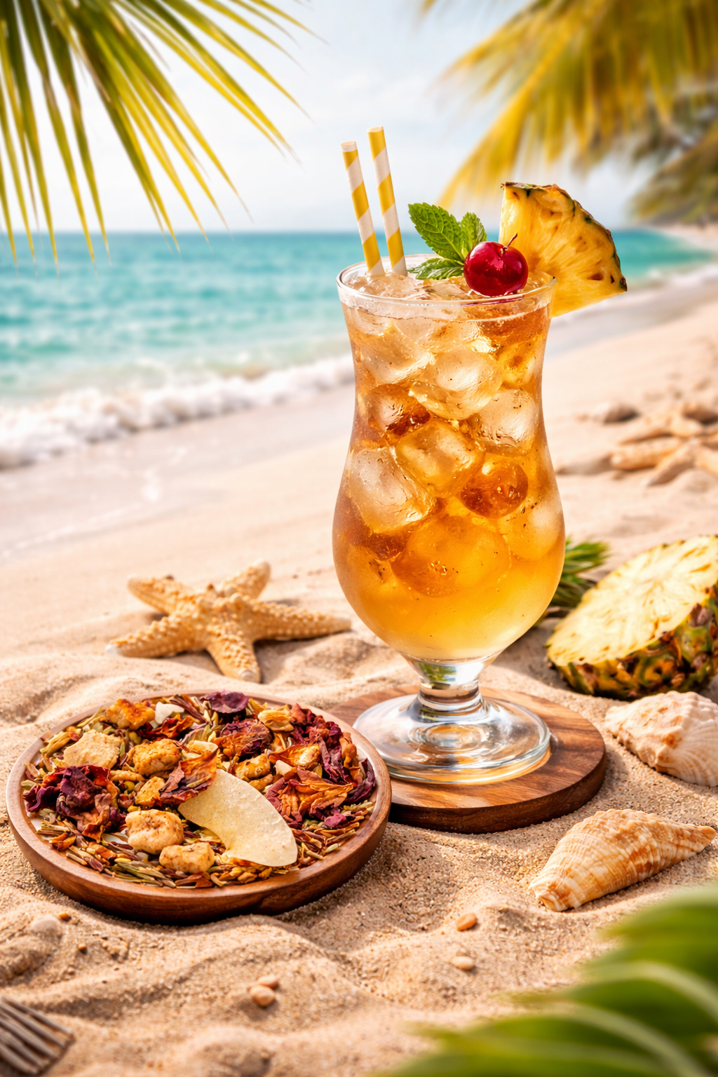 Tropical drink with pineapple and cherry on a beach setting