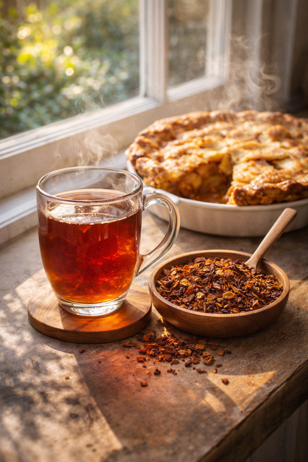 Steaming cup of tea with a pie and spices on a wooden surface near a window.