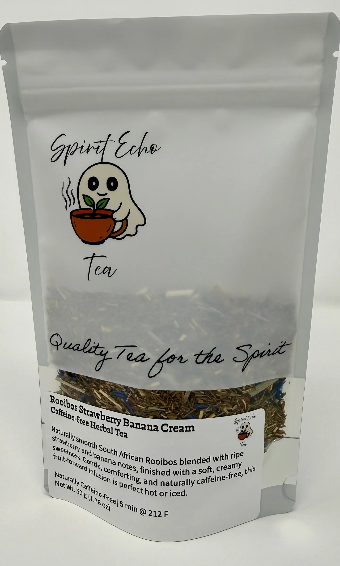 Tea package labeled 'Spirit Echo Tea' on a white background