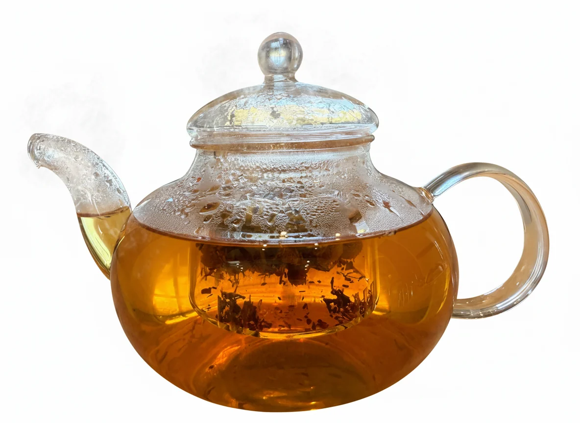Clear glass teapot with a handle filled with tea on a white background